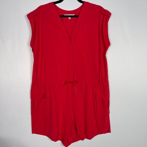 Athleta 12 Hibiscus Red Sutton Romper V Neck Cinch Waist Pockets Short Sleeve - Picture 1 of 10